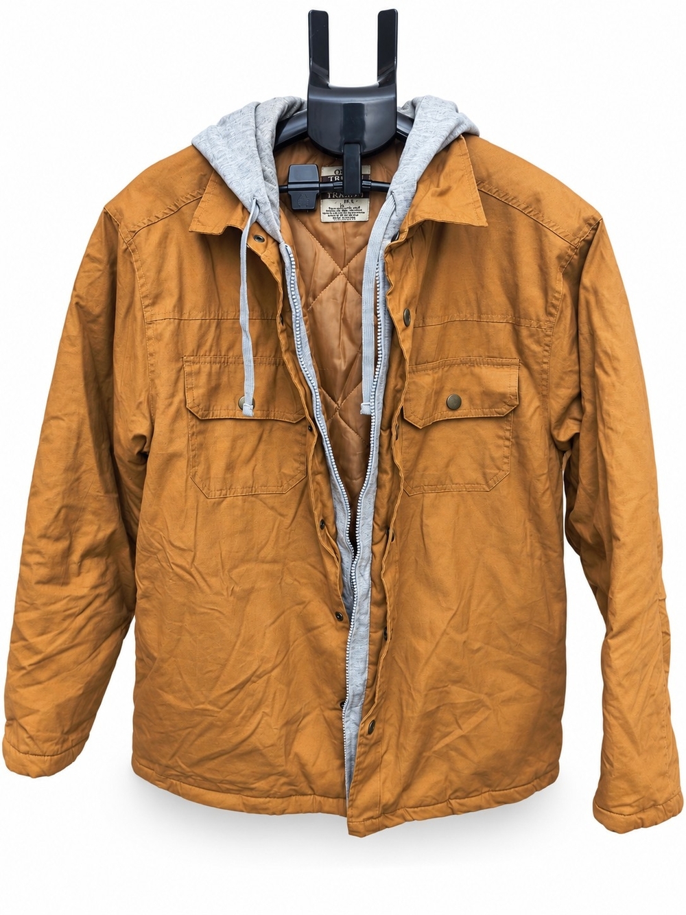 Men's Quilted Field Jacket with Detachable Gray Hood in Mustard